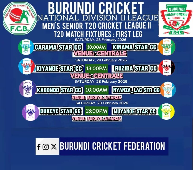 _BurundiCricket's tweet photo. 🔥 The countdown is over!
This Saturday, February 7, the Burundi Championship League – Division 2 kicks off.
📅 Check out the official match calendar.

Let the game begin! 🏏🔥

#CricketYacu #BCLD2 #BurundiCricket  #CricketNews #CricketFever @ICC_Africa_ https://t.co/BAkZ8ZTeDm