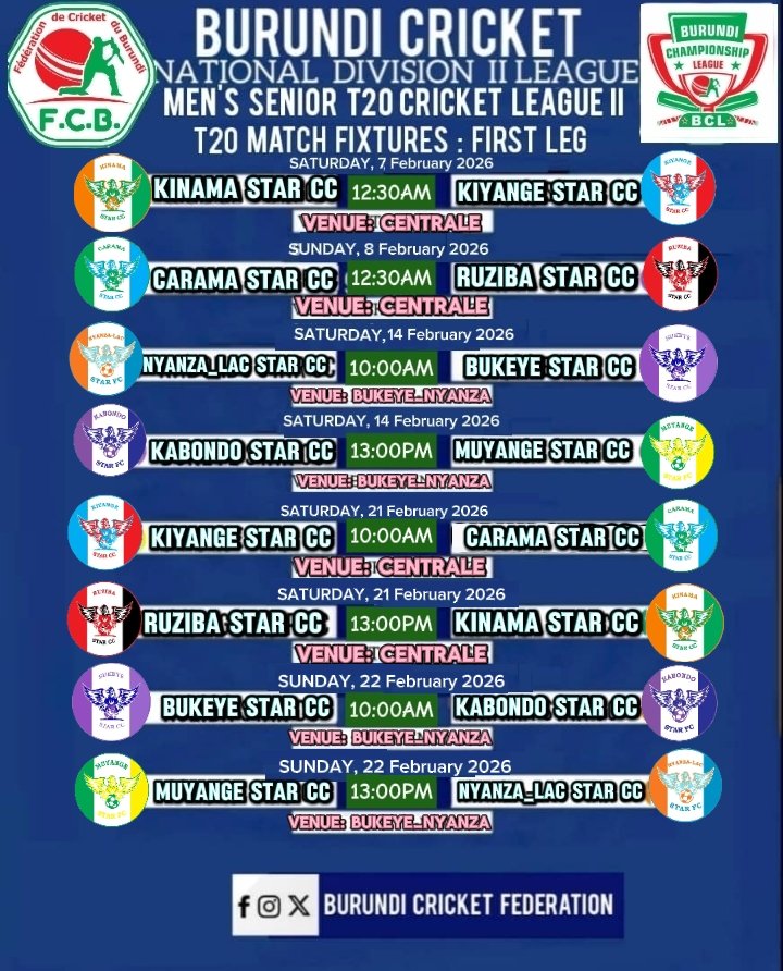 _BurundiCricket's tweet photo. 🔥 The countdown is over!
This Saturday, February 7, the Burundi Championship League – Division 2 kicks off.
📅 Check out the official match calendar.

Let the game begin! 🏏🔥

#CricketYacu #BCLD2 #BurundiCricket  #CricketNews #CricketFever @ICC_Africa_ https://t.co/BAkZ8ZTeDm