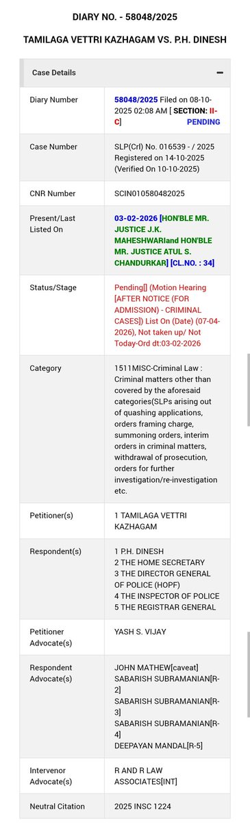 Supreme Court : 

தவெக வழக்கு இன்று விசாரணை இல்லை!

கரூர் விவகாரத்தில் 2025 அக்டோபர் மாதம் <a href="/TVKVijayHQ/">TVK Vijay</a> (தமிழக வெற்றி கழகம்) தாக்கல் மேல்முறையீட்டு (மூல) வழக்கு இன்று உச்சநீதிமன்றத்தில் விசாரணைக்கு பட்டியலிட்டு இருந்த நிலையில் விசாரணைக்கு எடுத்து கொள்ளவில்லை.