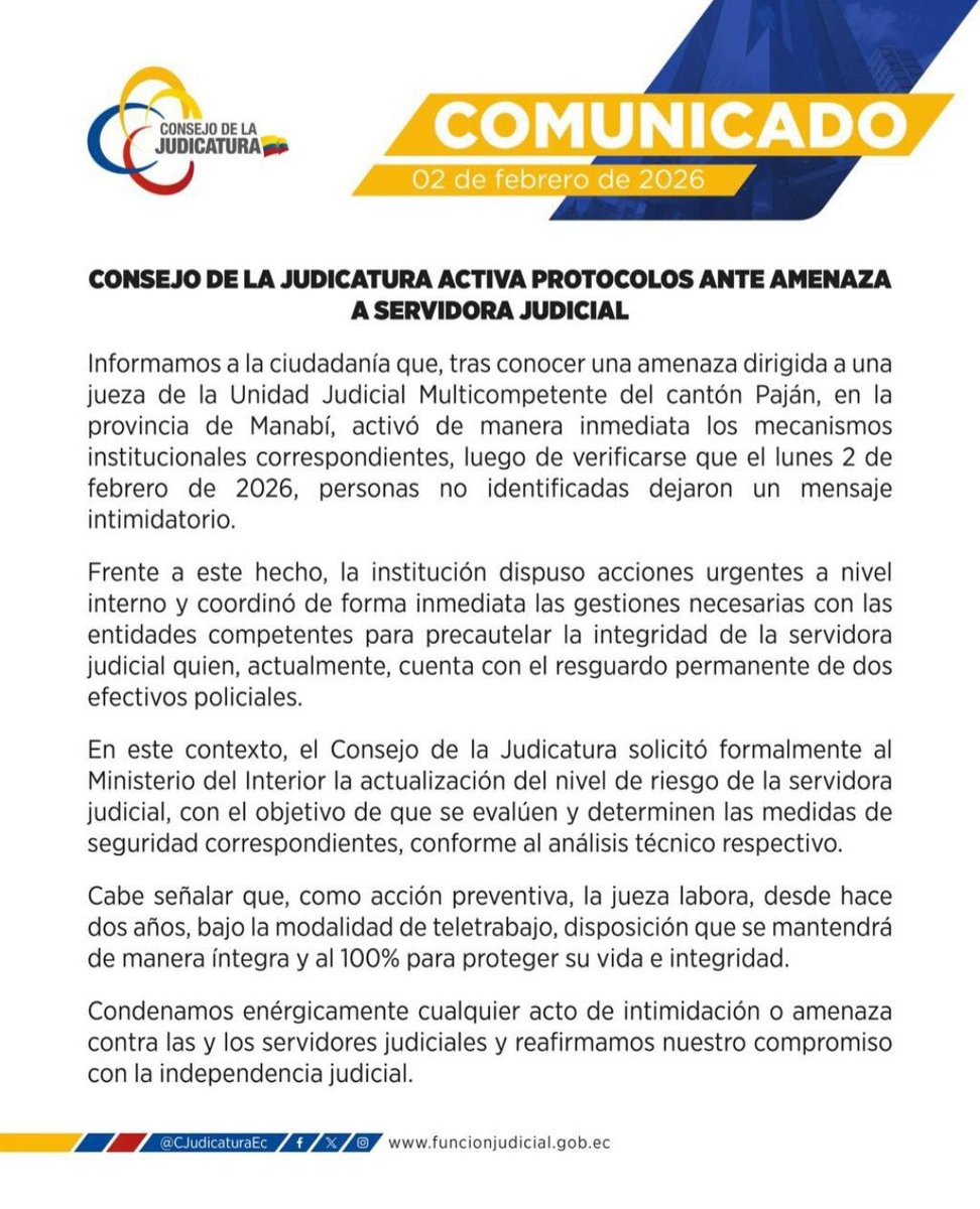 ecuainm_oficial's tweet photo. ‼️#URGENTE
El Consejo de la Judicatura activó protocolos de seguridad tras una amenaza contra una jueza en Paján, Manabí. La servidora judicial tiene resguardo policial y continuará en teletrabajo como medida preventiva. https://t.co/pZJQiNiBSb