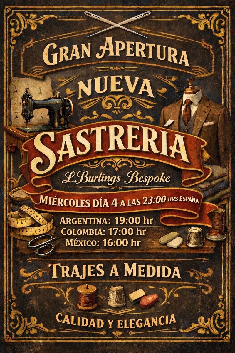 Les espero en la inaguracion de este nuevo negocio, Vengan a arreglar o encargar los mejores trajes para sus mejores veladas. Miércoles día 4 a las 23hr España. No se lo pierdan 🪡🪡🧵🧵🧥👔