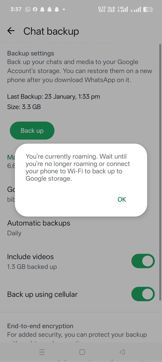 MdShafiuzz33268's tweet photo. @WhatsApp Hey @WhatsApp @Meta, why is the chat backup stuck on "Waiting for Wi-Fi" while on a roaming network? Even with active cellular data, it refuses to back up unless connected to Wi-Fi. This is frustrating while traveling. Please fix this bug! #WhatsApp #TechIssue #Roaming https://t.co/KjZtpCYmOG
