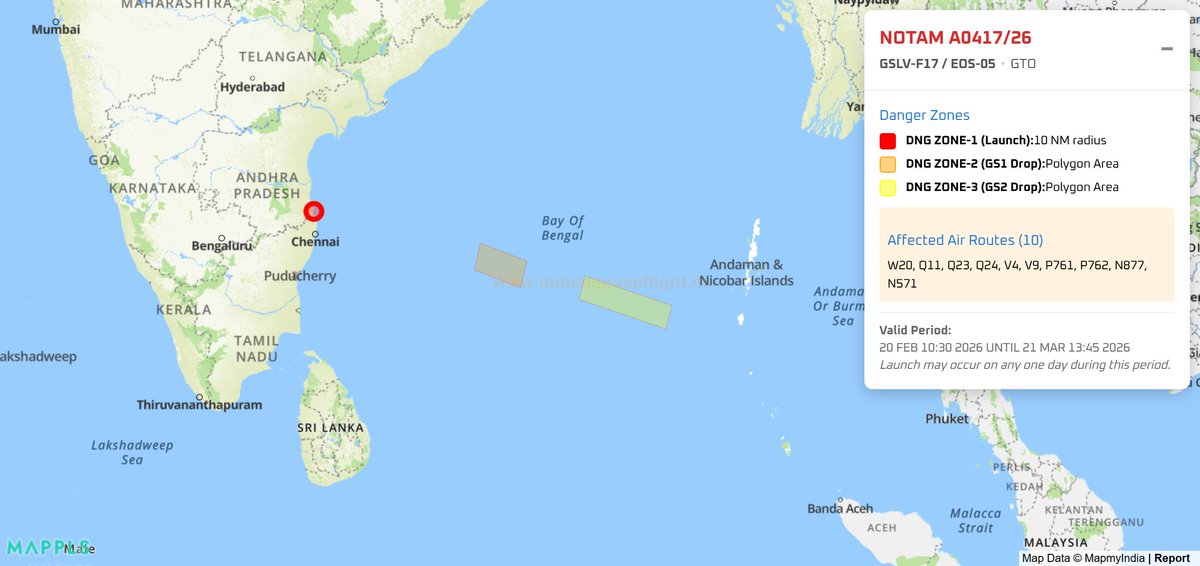 Lokeshkr73's tweet image. 🇮🇳 GSLV-F17 / EOS-05 (GISAT-1A) NOTAM out!

🗺️ Interactive NOTAM map: indianspaceflight.in/?notamId=A0417…

A new #NOTAM designated A0417/26 for the GSLV-F17 mission, set to deploy the EOS-05 (GISAT-1A) satellite, has been issued for the period of 20 February through 05 March 2026. The launch