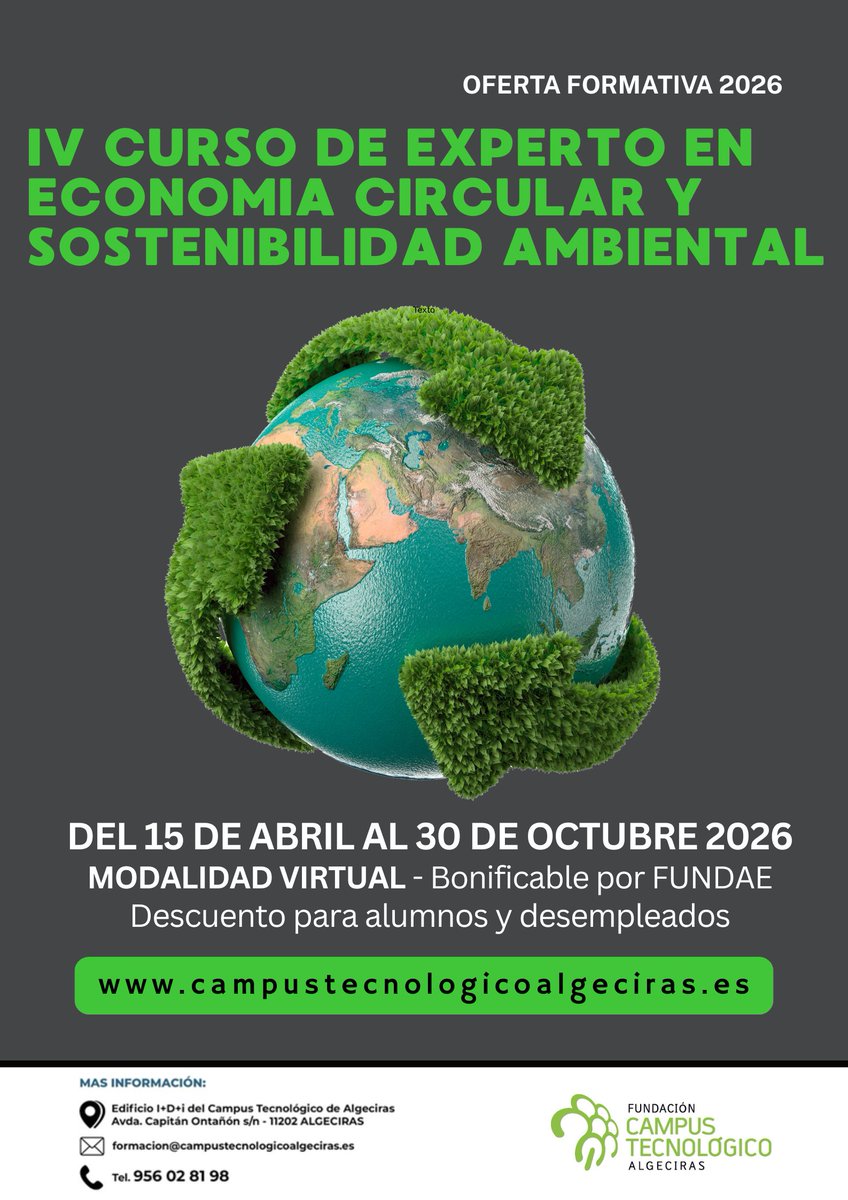 ¿Quieres adquirir las Green Skills que el mercado laboral exige hoy?

IV EXPERTO EN ECONOMÍA CIRCULAR Y SOSTENIBILIDAD AMBIENTAL 🌍 

💻Modalidad virtual
⏱️150 horas de duración
✅Bonificable por FUNDAE para empresas

ℹ️campustecnologicoalgeciras.es/cursos/iv-curs…
