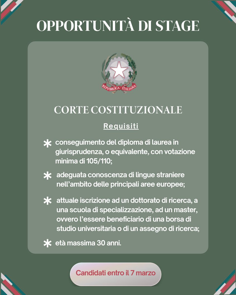 🎓 Stage presso la Corte Costituzionale.

👉 Candidature entro il 7 marzo 2026
📩 orientamento.lavoro@unica.it (oggetto: Tirocinio Corte Costituzionale)
🔗 Bando e domanda: unica.it/sites/default/…