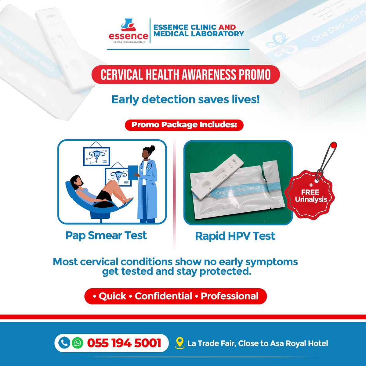 Essencemedilab's tweet image. When last did you check your cervical health? 

🎗️ Pap Smear
🎗️ Rapid HPV Test
🎗️ FREE Urinalysis
📍 Essence Clinic &amp;amp; Medical Lab
📞 0551945001
Book your test today. Prevention is power.

#CervicalHealth #HPVTest #PapSmear #WomensHealth #EarlyDetection #HealthAwareness