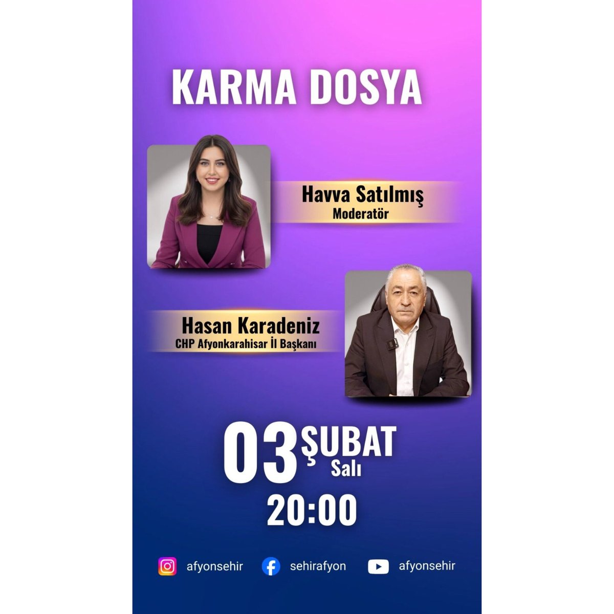 Gündeme dair değerlendirmelerde bulunmak üzere Afyon Şehir ekranlarında, Havva Satılmış’ın sunduğu Karma Dosya Programına konuk olacağım.
📅 03.02.2026 (Bu Akşam)
🕗 20.00
📺 Canlı yayını Afyon Şehir'in tüm sosyal medya hesaplarından izleyebilirsiniz.