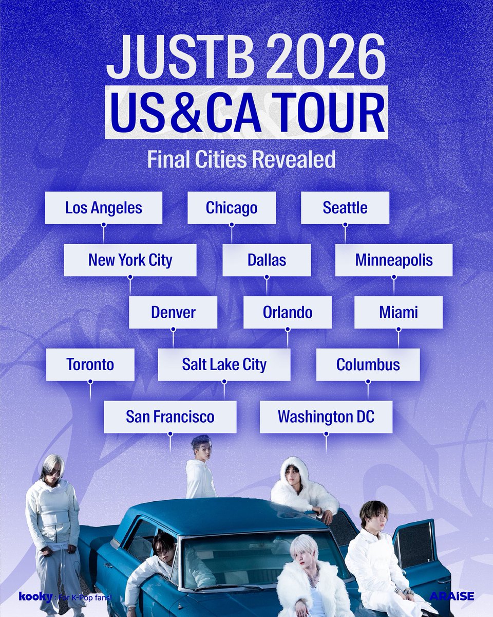 🪽 JUSTB 2026 US&amp;CA Tour — Final Tour Cities Confirmed!

ONLYB’s support made it happen 💙
The JUSTB 2026 US &amp; Canada Tour will officially take place in the following 14 confirmed cities:

📌 Upcoming Schedule
🗓️ Feb 9 — Official Tour Poster Release
🗓️ Feb 10–11 — Ticket Upgrade