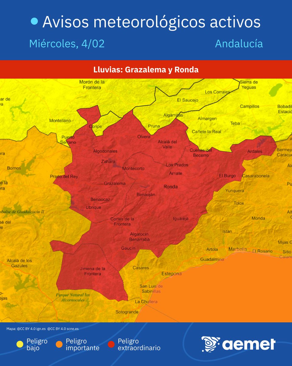 ⚠️ AVISO ROJO | Lluvias muy abundantes en Grazalema (Cádiz) y Ronda (Málaga) el miércoles 4.  

🌧️ Se pueden acumular más de 150 mm en doce horas y más de 200 en 24 horas.  

➡️ ¡Peligro extraordinario! Posibles inundaciones y crecidas. Sigue recomendaciones de Protección Civil.