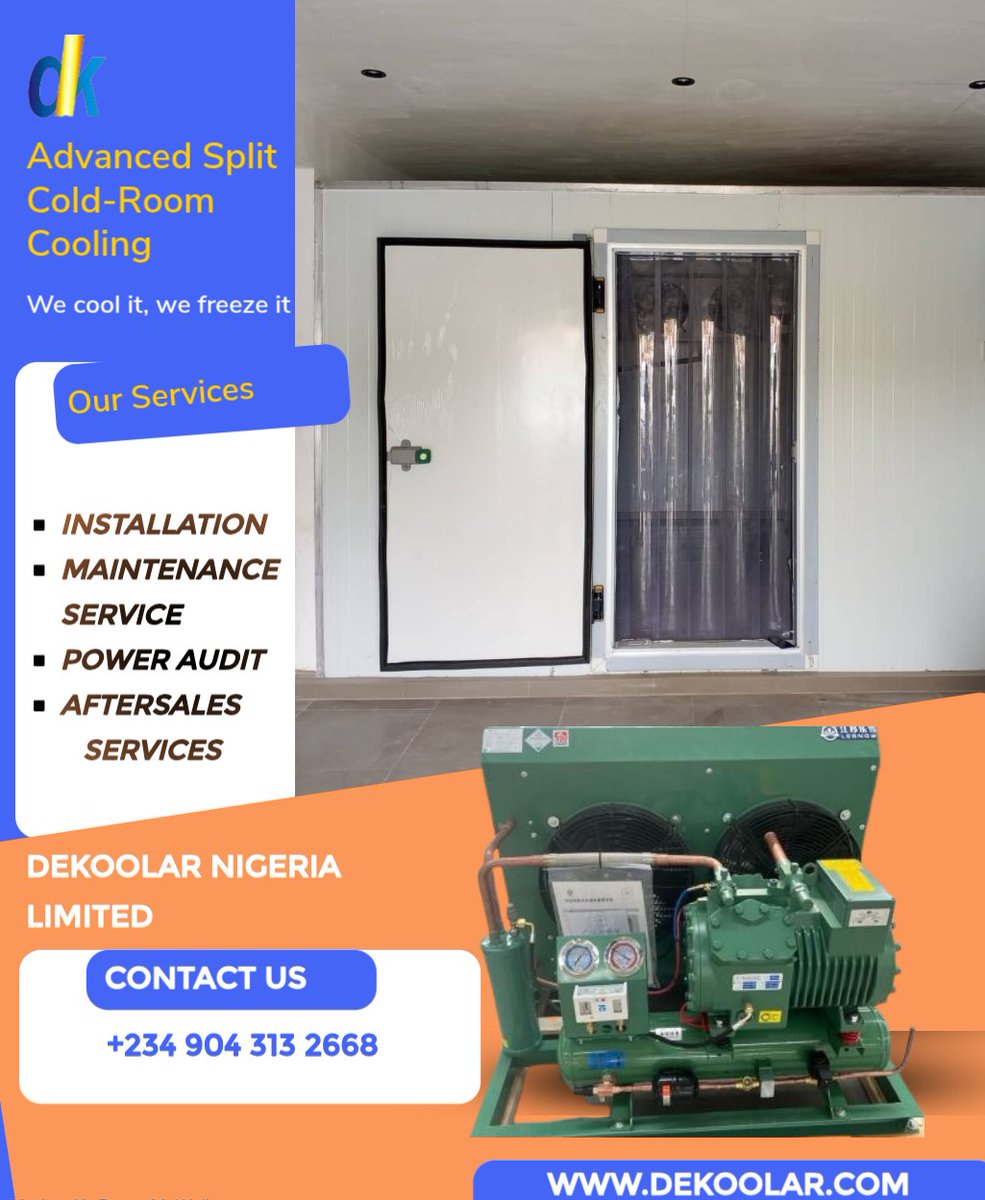 Dekoolar's tweet image. Advanced Split Cold-Room Cooling 
Efficient. Reliable. Built for performance.
We offer:
🔧 Installation
🛠 Maintenance
⚡ Power Audit
🤝 Aftersales Support

Smart cooling for serious businesses.
#ColdRoom #SplitCooling #Refrigeration #EnergyEfficiency