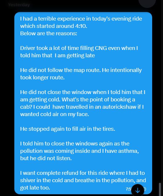 blankmetaphor's tweet photo. @UberIN_Support DMed this y'day. Still awaiting compensation for this ride. https://t.co/txropDISbo