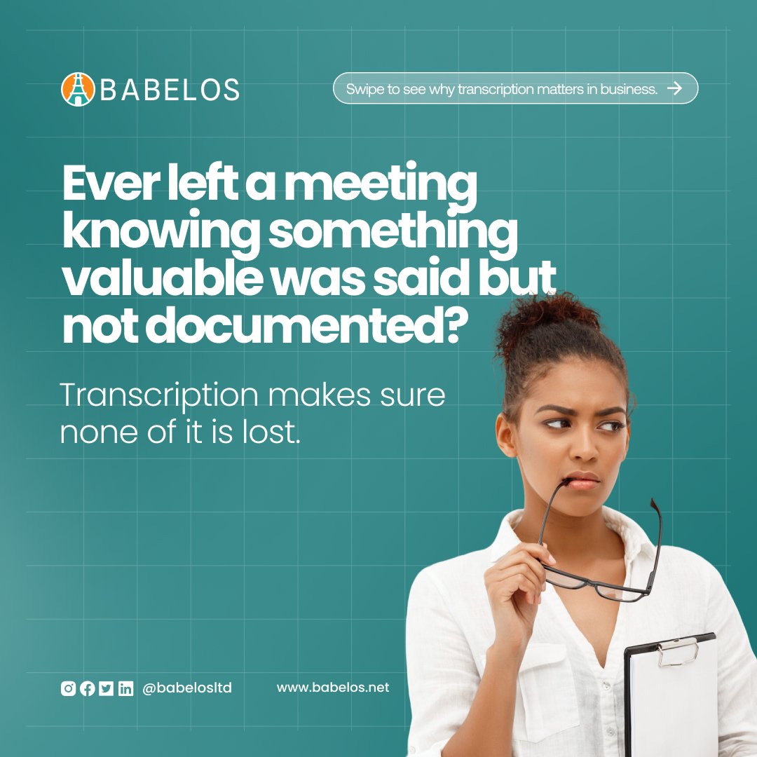 Babelos's tweet photo. Ever left a meeting wondering, “What exactly did we agree on? Transcription fixes that.

Swipe to see why transcription matters in business.

#babelosltd #translationcompany #Transcription https://t.co/MEbKQ28IXQ