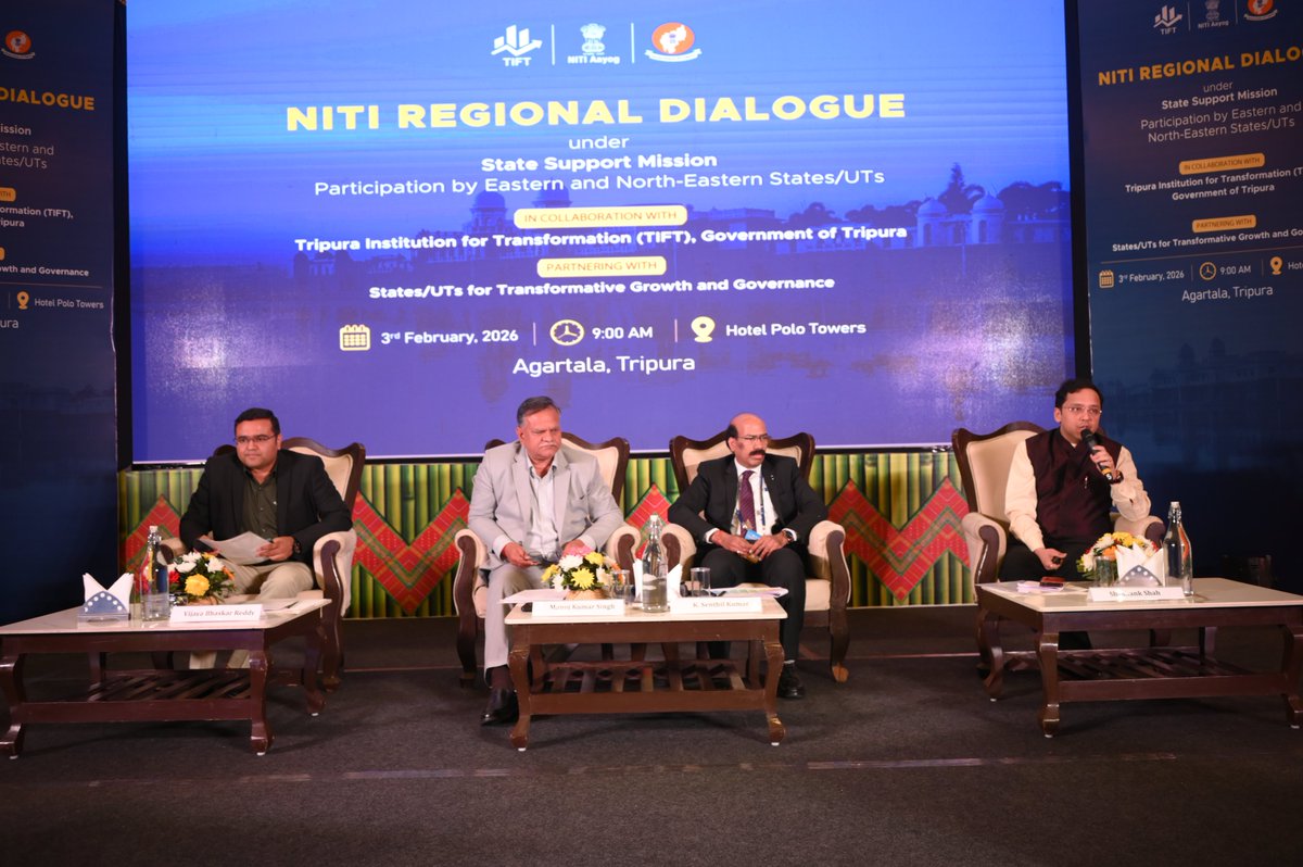 NITIAayog's tweet photo. 3rd Regional Dialogue on State Support Mission Concludes in Agartala

The 3rd Regional Dialogue on the #StateSupportMission concluded today in Agartala, bringing together Eastern and North-Eastern States/UTs to advance State-led development and reinforce the spirit of cooperative federalism.

Sessions on NITI for States highlighted platforms that enable inter-State learning and data-driven decision-making. Discussions on the Role of State Institutions for Transformation (SITs) emphasised their critical role in long-term visioning, reform implementation, and fostering cross-departmental convergence.

Sessions on State Vision @ 2047 and Global Partnerships showcased how States are aligning long-term development strategies with regional strengths and leveraging partnerships to promote inclusive and sustainable growth towards a #ViksitBharat.

#PMOIndia #NITIAayog #StateSupportMission #CooperativeFederalism