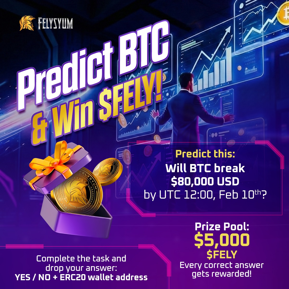 🚀 PREDICT BTC &amp; WIN $FELY!
Will $BTC stay above $80,000 USD by Feb 10 (UTC 12:00)?
Make your prediction and earn from a 5,000 $FELY prize pool 💰
✨ Every correct prediction gets rewarded!
✅ How to Join
1️⃣ Follow on X <a href="/felysyum/">Felysyum</a>
2️⃣ ❤️ Like &amp; 🔁 Repost this post
3️⃣ 👥 Tag 5