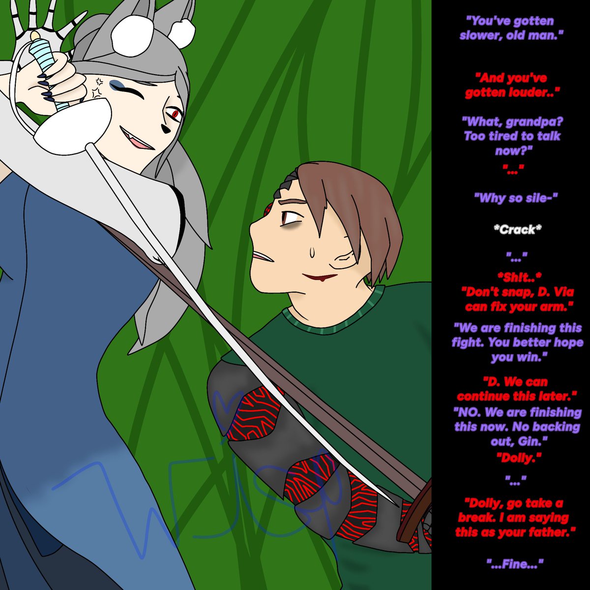 Sword fight gone wrong
The cat person is D/Dolly &amp; the guy is Gin
#OC
