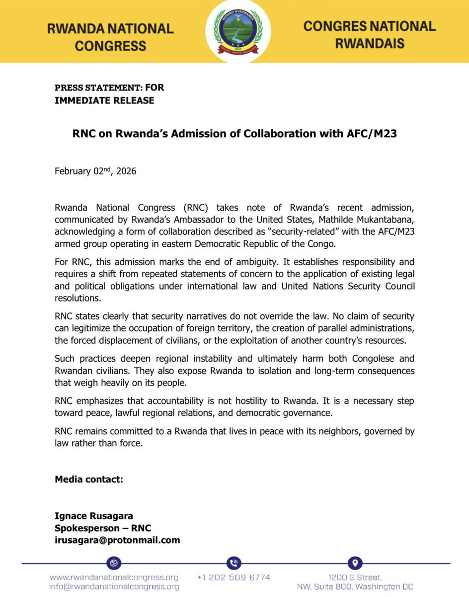 RNCongress's tweet photo. Rwanda has now admitted collaboration with Armed group (AFC/M23).

This ends years of denial and shifts the debate from narratives to accountability under International Law

Peace cannot be built on occupation, displacement, or force.
@realDonaldTrump @SecRubio @StateDept @US_SrAdvisorAF @Presidence_RDC @TinaSalama2 @PatrickMuyaya @PaulKagame @UrugwiroVillage @onduhungirehe @OIFrancophonie 

Rwanda National Congress Full Statement Below ⬇️
