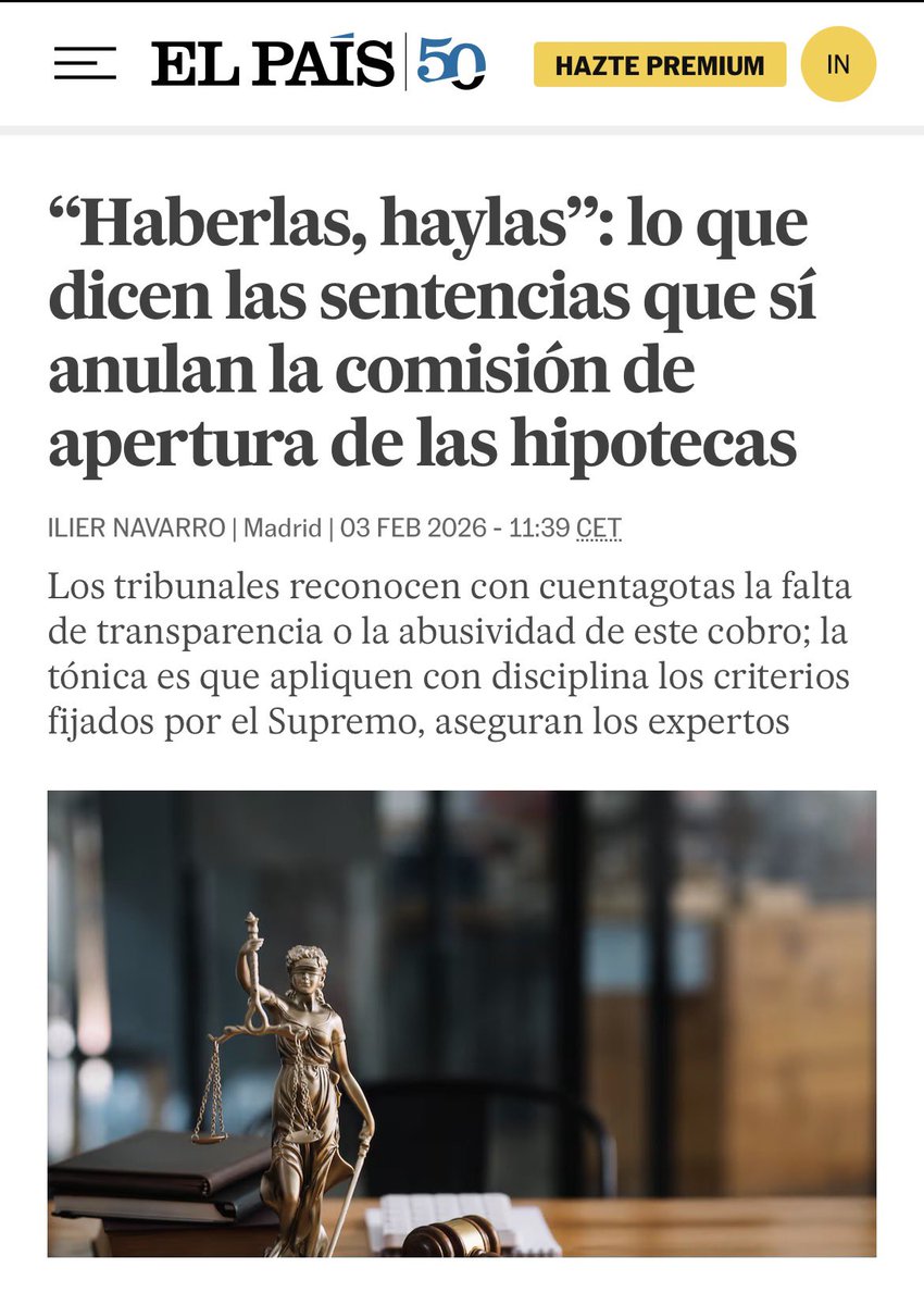iliernavarro's tweet image. 🔵“Haberlas, haylas”: lo que dicen las sentencias que sí anulan la #comisión de apertura de las #hipotecas | Los #tribunales reconocen con cuentagotas la falta de transparencia o la abusividad de este cobro

Mis Derechos @el_pais
👉🏼 elpais.com/economia/mis-d…
#vivienda #comisiones