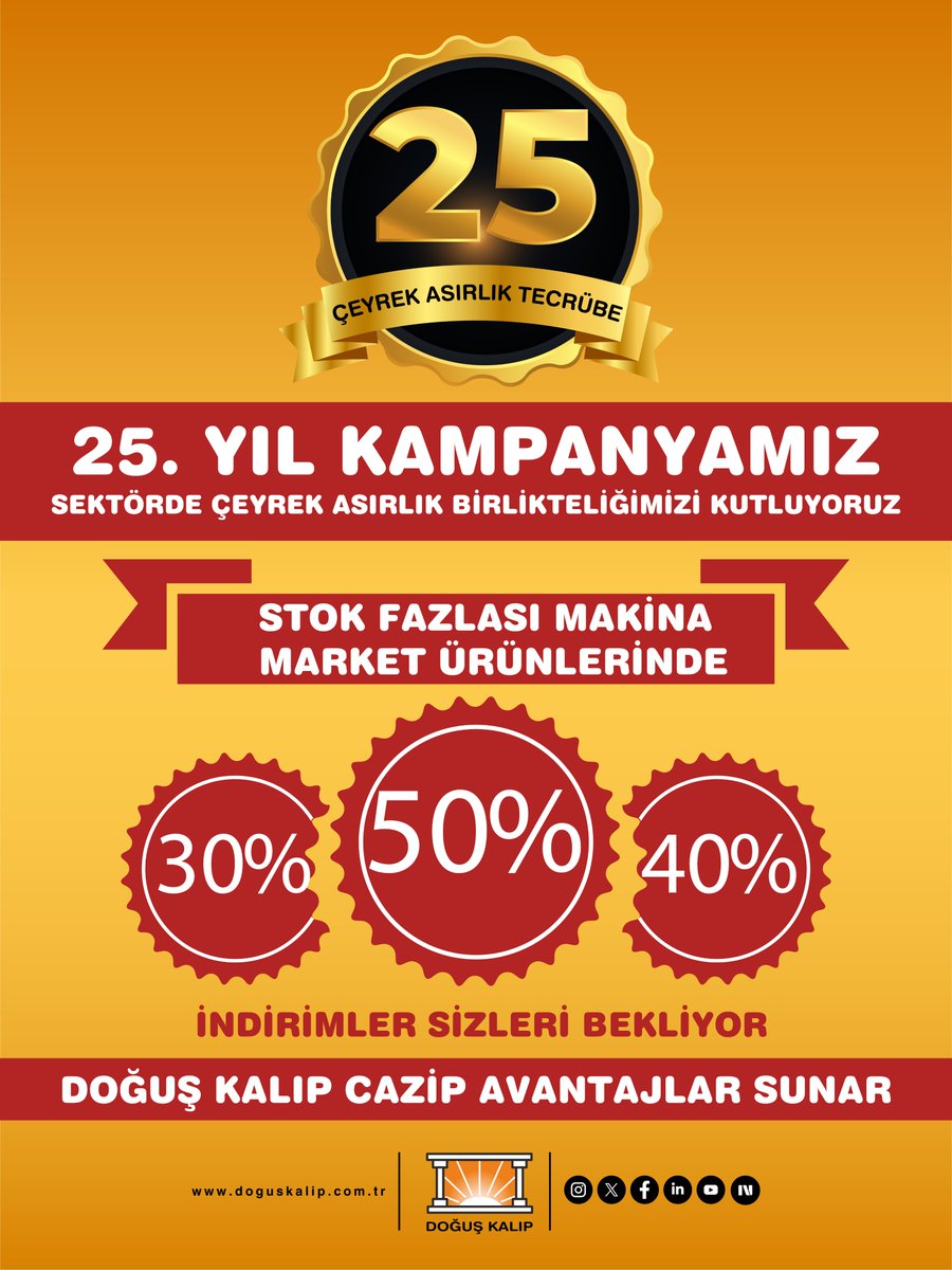 Doğuş Kalıp 25. yılımızı gururla kutluyor! 🎉 

Stok fazlası makina market ürünlerinde %30-%40-%50 indirim! 

Kaliteli ve güvenilir çözümler şimdi daha ulaşılabilir. 
Fırsatları incelemek için tıklayın 
👉 doguskalip.com.tr