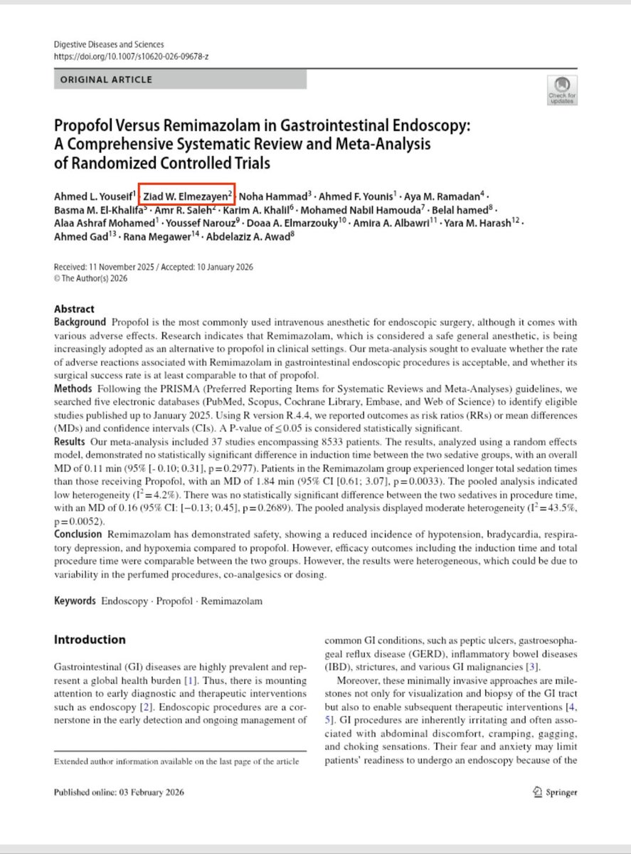 ziadwalid2000's tweet photo. Pleased to share our New publication in digestive diseases and sciences journal:

" Propofol Versus Remimazolam in Gastrointestinal Endoscopy: A Comprehensive Systematic Review and Meta‑Analysis of Randomized Controlled Trials ".

📎 Read it here :
https://t.co/jKt7kaL9iI https://t.co/gMOhuh7Goy