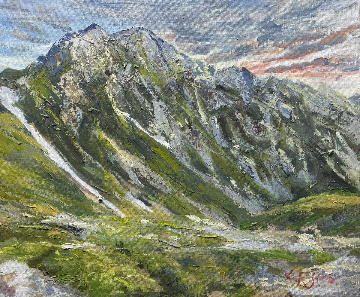 夜明けの剱岳 油彩 F8 完成 夜明けの静けさと、生命の息吹を思い起こさ