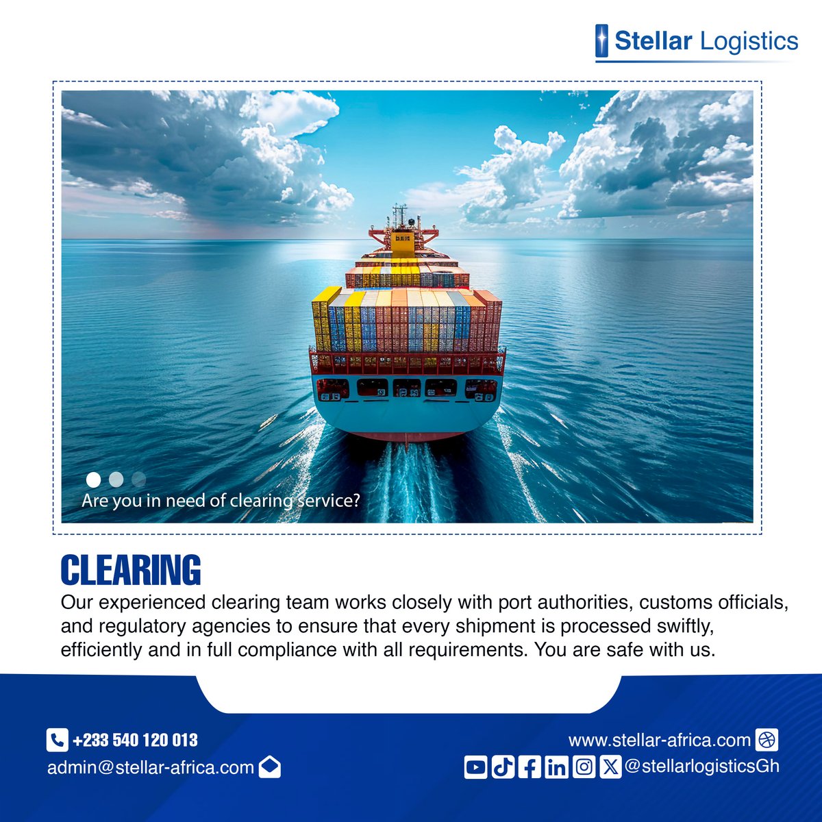StellarlogistGh's tweet photo. Are you expecting shipments and require clearing service?
Our clearing team works closely with port authorities, customs and regulatory agencies to ensure that every shipment is processed swiftly, efficiently and in full compliance.
#Logistics #CargoTransport #ClearingServices https://t.co/iTJemCJk5Z