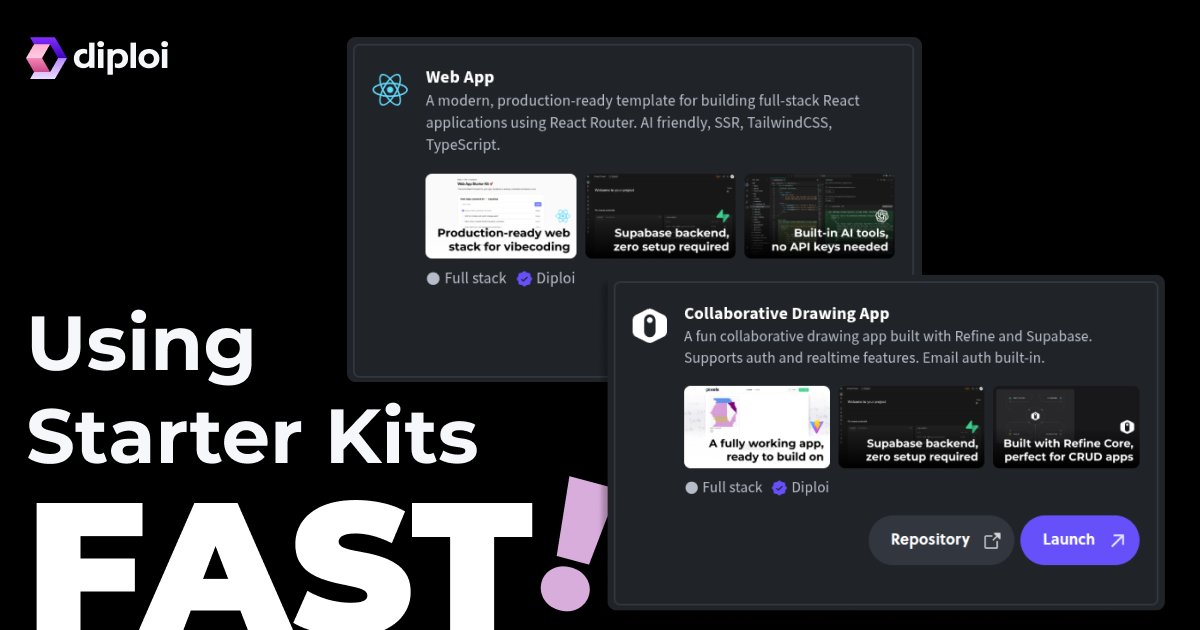 DiploiDev's tweet photo. Diploi now has Starter Kits, which allow you to go from idea to deployed product even faster, by providing a fully configured scaffold application, with all you need to start coding and ship at light speed.

https://t.co/Fe5VRAxFcD https://t.co/F3pOHNLSkO