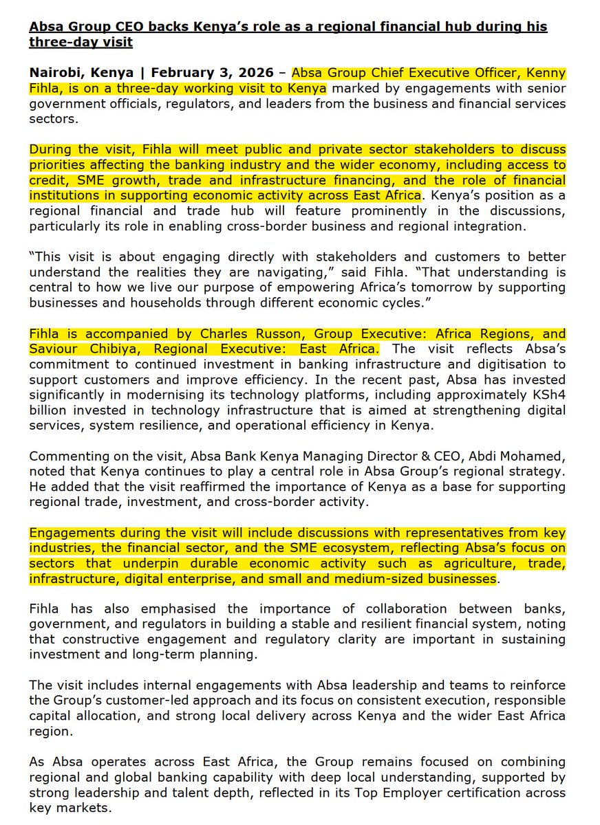 South Africa’s banking giants continue to show keen interest in Kenya.

—After Standard Bank CEO Sim Tshabalala’s visit last week, this week it’s Absa Group CEO Kenny Fihla’s turn.

—He is in Kenya for a three-day working visit, during which he will engage with government