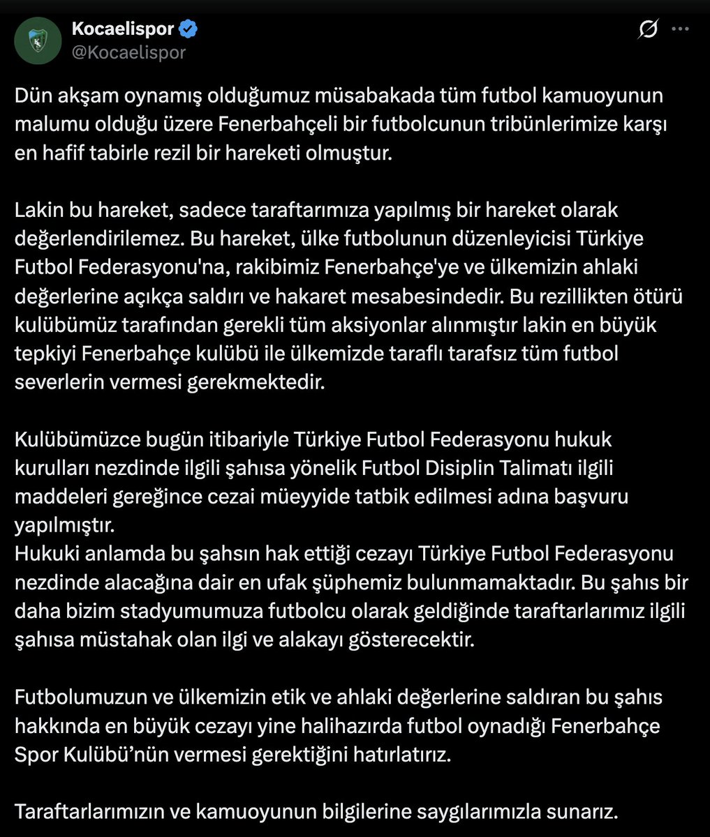 Kocaelispor, Fenerbahçe oyuncusu Skriniar'ın tribünlere yönelik hareketi nedeniyle TFF'ye başvurduğunu açıkladı.