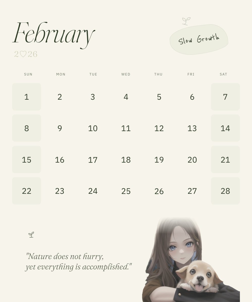PageOnai's tweet photo. Made a February calendar with my pup as motivation 🐕✨  
My theme: "Slow Growth"   
His theme: probably "unlimited treats" 😅  
What's everyone's focus for Feb? 

Drop your intention below 👇 https://t.co/o0wiZJpNa7