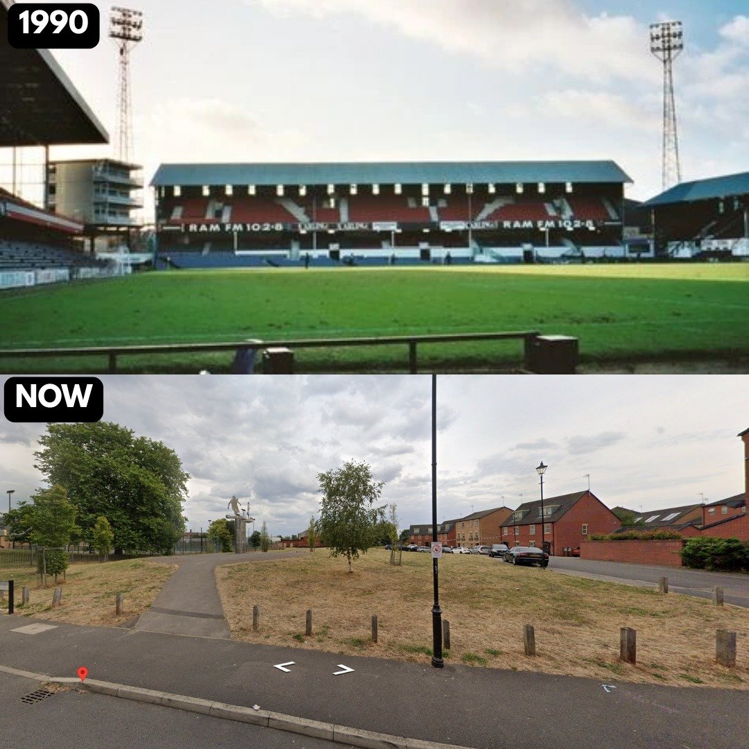 On the pitch view of Derby County's Baseball Ground in 1990 compared to the same view today.

Such a shame one of these classic old grounds is gone