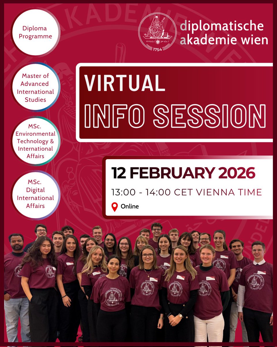 Join the Virtual Info Session by Diplomatische Akademie Wien
📅 12 February | ⏰ 13:00–14:00 (Vienna time)
Meet faculty, students &amp; alumni, explore programmes, scholarships, campus life + live Q&amp;A.

Register here 🔗 events.ringcentral.com/events/da-info…

<a href="/DA_vienna/">Diplomatische Akademie Wien</a>