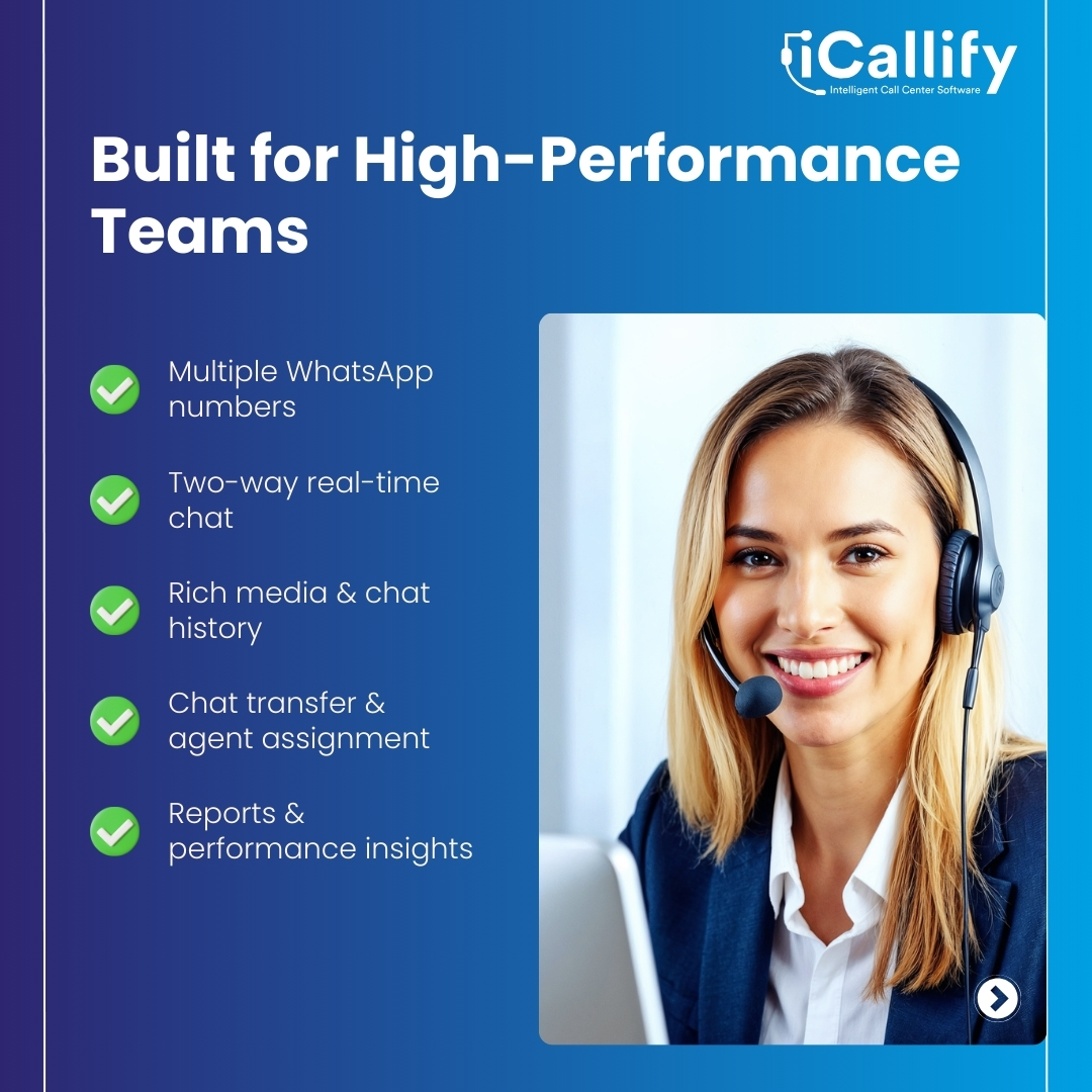 Meet your customers where they already are — WhatsApp 
iCallify’s WhatsApp Contact Center Software centralizes chats, empowers agents, and delivers seamless support at scale.
👉Book a demo: icallify.com/contact-us/
#WhatsAppBusiness #CustomerEngagement #Omnichannel #iCallify