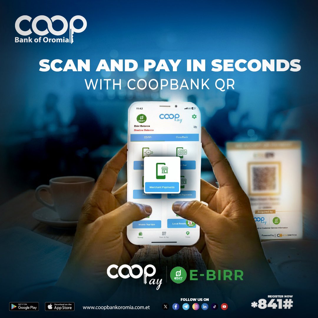 Coopbankoromia's tweet photo. Skip the hassle. SCAN and Pay in seconds with Coopbank’s QR code. Fast, secure, and effortless. Your money, your way!
#Coopbank #CoopayEbirr #DigitalPayments #CoopbankQR #CashlessLife #FastAndSecure #HassleFree #SmartPayments https://t.co/gTqLDuXMjf