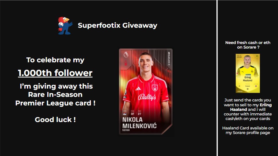 SuperFootix_SR's tweet image. 🎁Celebrating my 1000th follower with the Sorare community !

🎉 Giving away a nice Rare In-Season PL card 

 To enter this giveaway :
1⃣ Like ♥️ &amp;amp; Retweet 🔄
2⃣ Follow me on x
3⃣ Comment your Sorare Manager name

Results this Sunday

Good luck to all!

@ni2las #Sorare