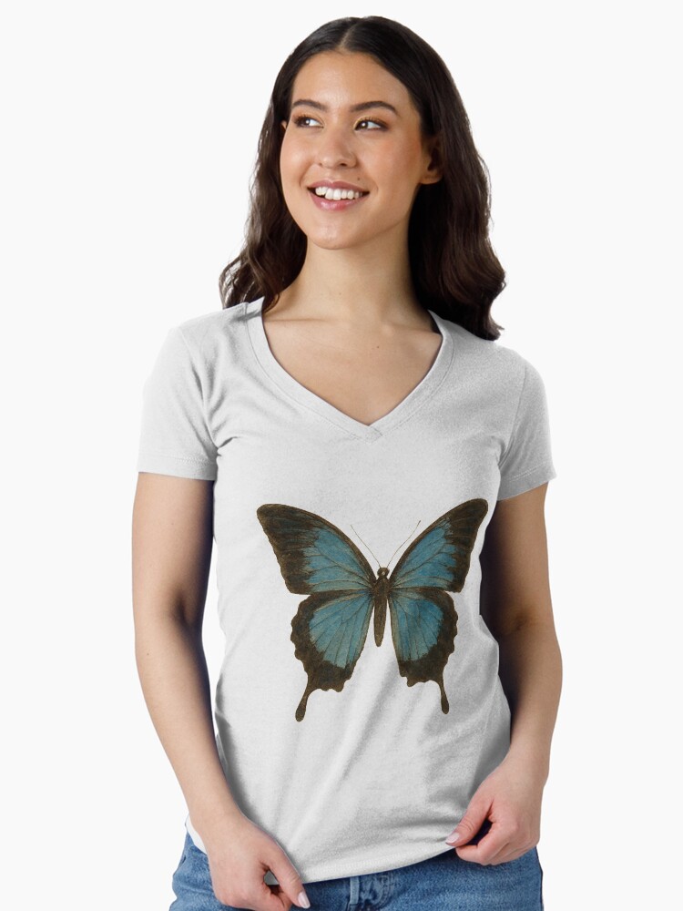 PDyaczenko's tweet photo. The Sapphire Wanderer: Australian Ulysses Swallowtail Fitted V-Neck T-Shirt - https://t.co/0WS5HC5KE9 https://t.co/11CgRcVq0h