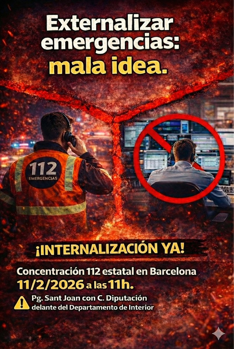 #112EnLluita✊

#112 #112Emergencies #Emergencies #Vaga112 #Vaga112Catalunya #112Catalunya #ServeiPublic112 #NoALaExternalitzacio #EnCatala #EnCatalà #Catalunya #Cataluña  #Catalonia #LHospitaletDeLlobregat #Barcelona #Reus #Lleida #Tarragona
