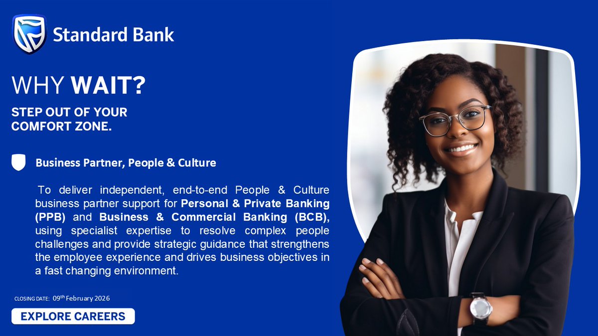StandardBankSZ's tweet image. Join our team to deliver independent, end-to-end People &amp;amp; Culture business partner support for Personal &amp;amp; Private Banking and Business &amp;amp; Commercial Banking. 
Apply now: smrtr.io/wYxbc
Closing Date: 09 February 2026
#WhyWait #BlueLove