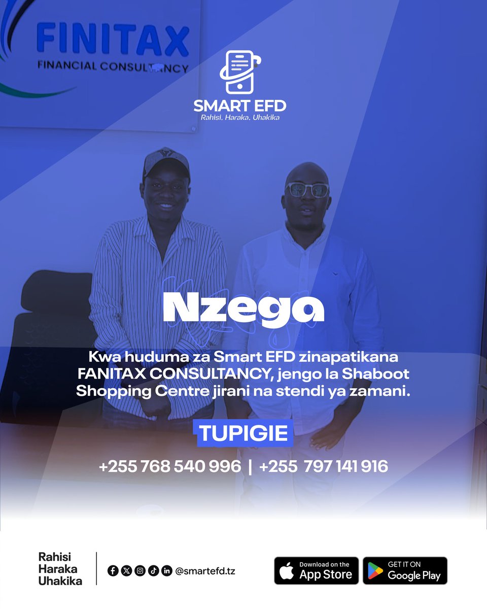 SmartEFD's tweet photo. Nzega huduma ya Smart EFD zimewafikia! 🥳

Huduma zetu zinapatikana kupitia wakala wetu FANITAX CONSULTANCY, Jengo la Shaboot Shopping Centre.

#SmartEFD | #RahisiHarakaUhakika https://t.co/xoZS8K8Gpu