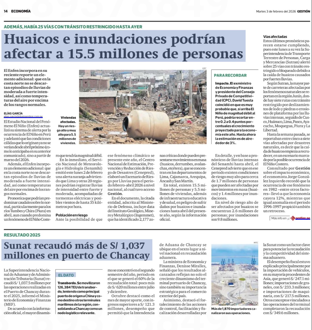 Se pronostica un fenómeno de El Niño Costero con magnitud débil; sin embargo, eso no quita la población en riesgo debido a los huaicos, derrumbes y avalanchas que se concentran en los departamentos de Lima, Cajamarca, Arequipa, Ancash y San Martín.
Hoy en Gestión