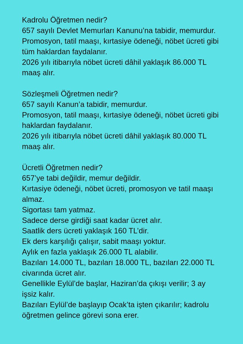 Kadrolu Öğretmen nedir 
Sözleşmeli Öğretmen nedir 
Ücretli Öğretmen nedir 

Kim ne kadar alıyor, kimin ne hakkı var? Buyrun tek görselde okuyalım. 

🔴 Hükümetin acilen Ücretli Öğretmenler için yasal düzenleme getirmelidir. <a href="/RTErdogan/">Recep Tayyip Erdoğan</a> <a href="/Akparti/">AK Parti</a> <a href="/tcbestepe/">T.C. Cumhurbaşkanlığı</a> <a href="/oktay_saral/">Oktay SARAL</a>