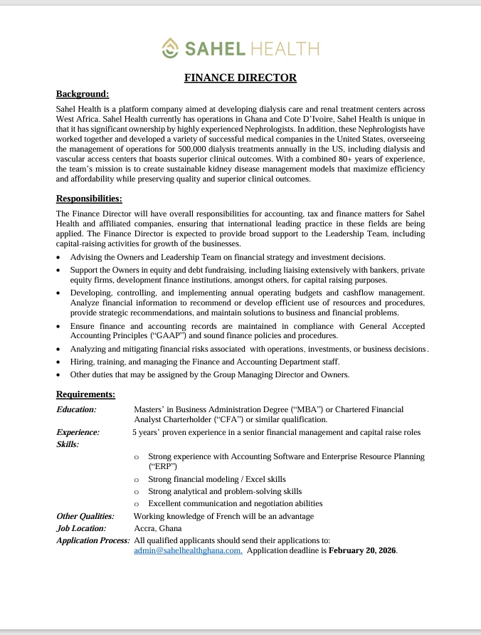SahelHealthGh's tweet photo. 📢 We’re Hiring: Finance Director (Accra, Ghana)

Sahel Health is seeking a seasoned Finance Director to lead accounting, finance, and capital-raising activities across our growing renal care operations in West Africa. https://t.co/dd88LUhYZd