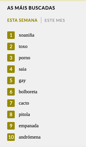 non sei que pasa co top10 palabras máis buscadas desta semana na real academia galega pero sospeito que estamos nunha horny season e que o entroido non vai facer favor ningún ao conto