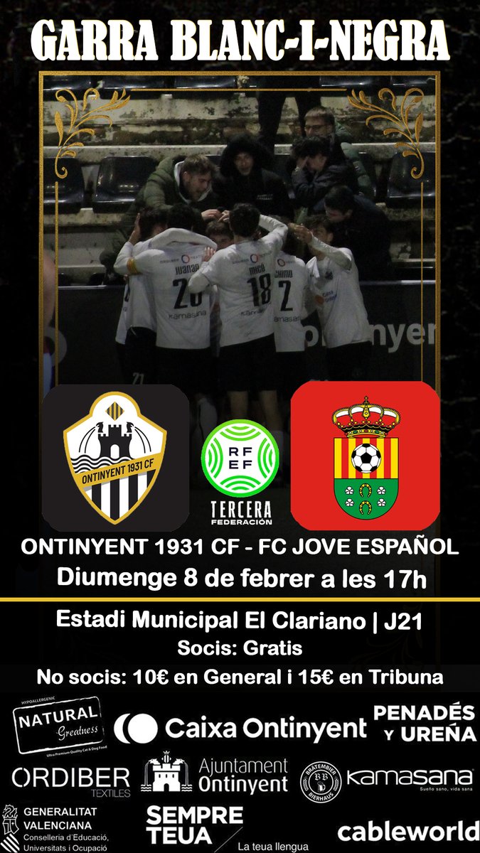 📷 #Proximpartit 

⚽ Ontinyent 1931 CF - FC Jove Español

⌚ Diumenge 8 de febrer a les 17h

🏟️ El Clariano