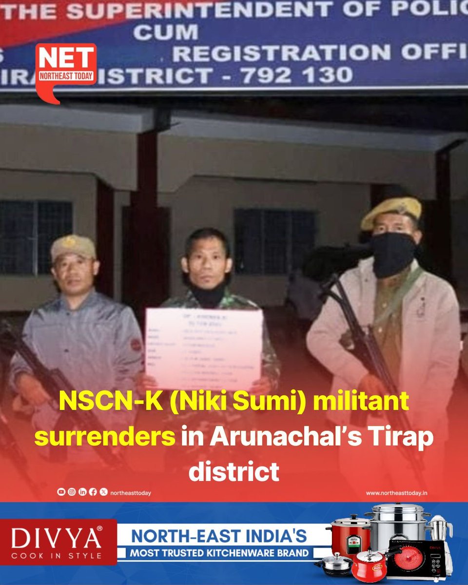NortheastToday's tweet photo. #ArunachalPradesh | A militant of the NSCN-K (Niki Sumi) faction surrendered before security forces at Khonsa in Tirap district of Arunachal Pradesh, police said on Tuesday.
Read more..
https://t.co/A3CQi7YzBJ
#NSCNK #militant #surrender #ArunachalPolice #NortheastToday https://t.co/iIFjHd1vnv