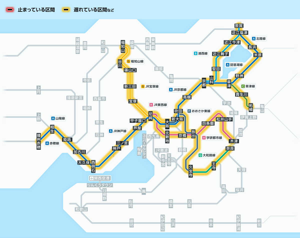 u*1様 JR西日本　路線図（JR神戸線・京都線・湖西線・琵琶湖線等）枠付き 2月3日20時40分現在： おおさか東線：新大阪駅～南吹田駅間の線路内に