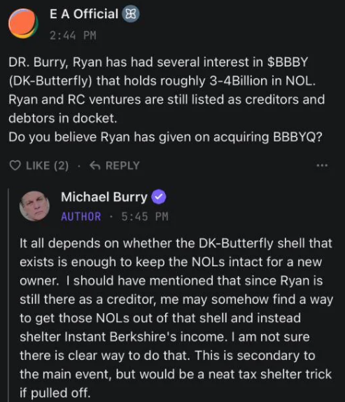 Michael Burry thinks NOLs from 'DK-Butterfly' would be a neat tax shelter for 'Instant Berkshire' $GME.
