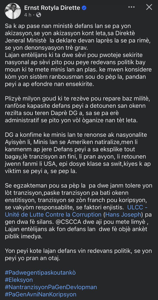 DIRETUS2026's tweet photo. Yon peyi kote lajan defans vin redevans politik, se yon peyi yo pran an otaj. https://t.co/qgzY3zHeHb