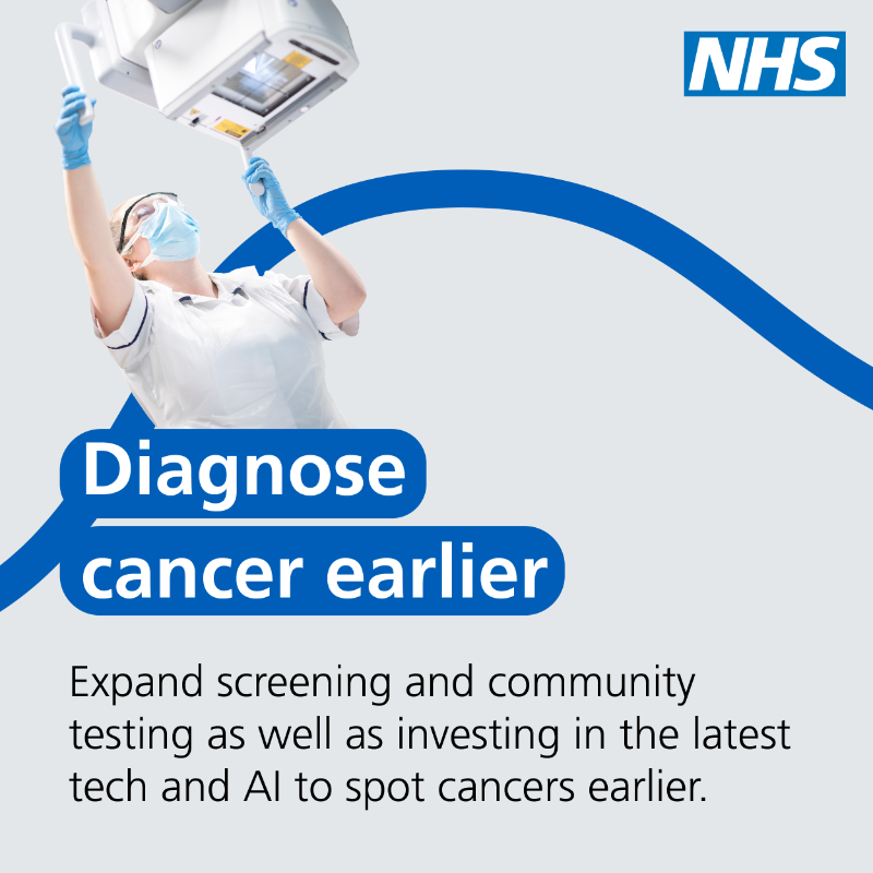 NHSEngland's tweet photo. The National Cancer Plan will make England a world leader in cancer survival, bringing the latest treatments and technology to NHS cancer care. 

Here's what the National Cancer Plan will do ⬇️