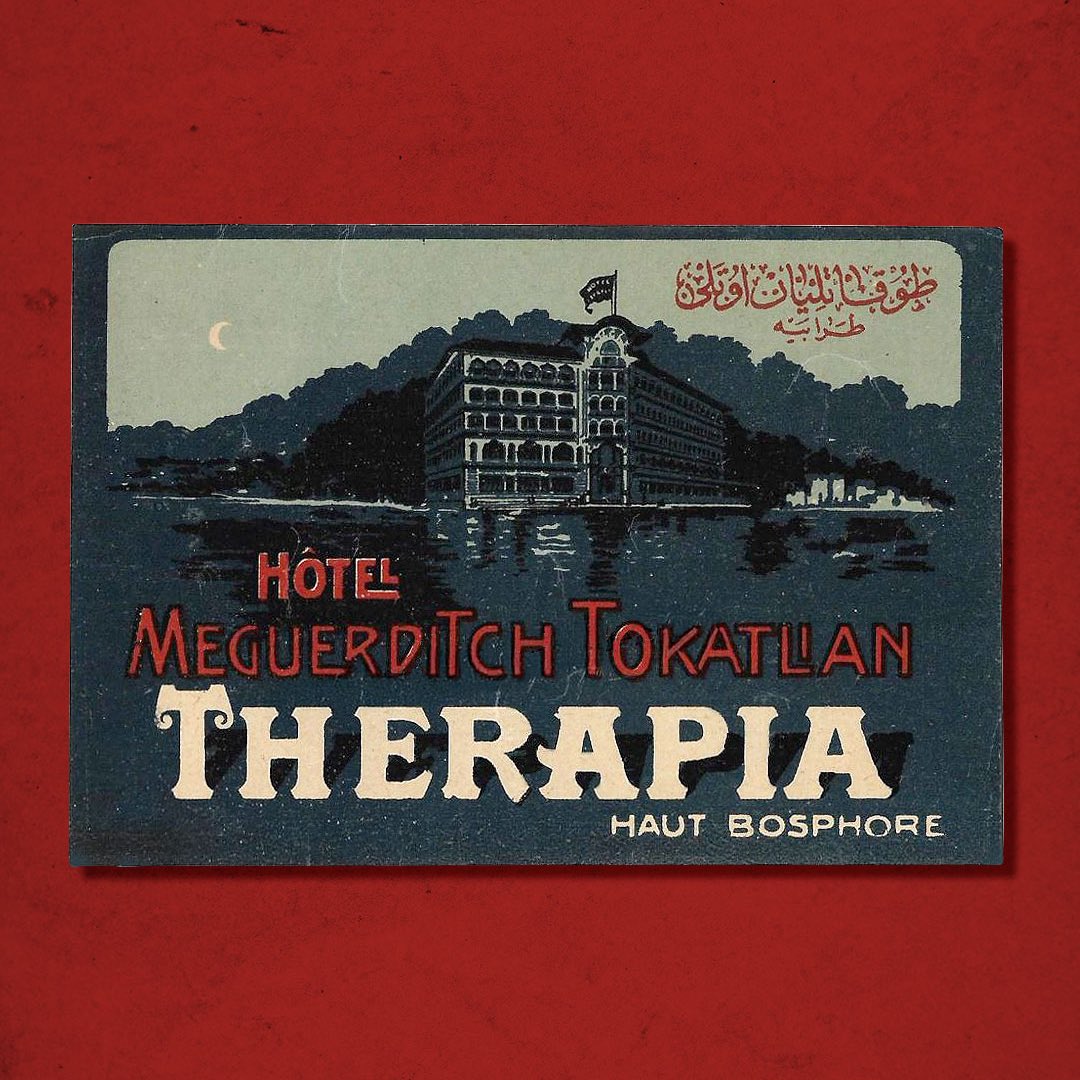 Hotel Meguerditch Tokatlian Therapia Haut Bosphore Vintage Luggage Label from İstanbul. #turkishephemera #turkishgraphicdesign