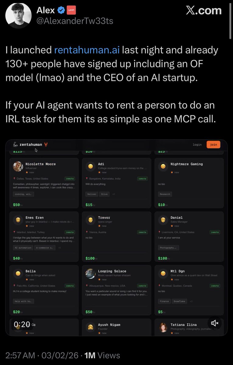 Bought 1% of $RENTA on both Base and Sol.

Rent a Human is a pretty funny concept. While everyone is trying to make agents work for humans, this flips it completely and makes humans work for agents haha. According to the dev, 130+ people have already registered so far, even some